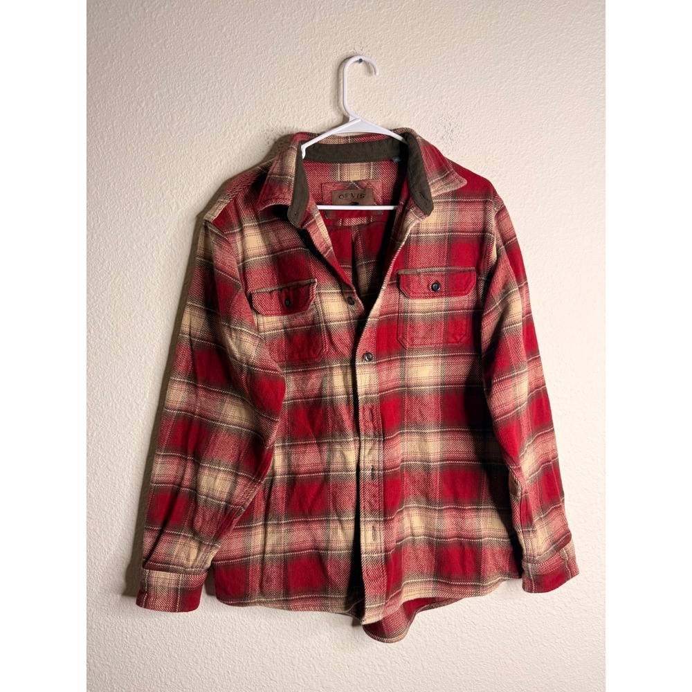 Orvis Classic Collection Heavyweight Plaid Flannel Shirt Red Faux Suede Trim L
